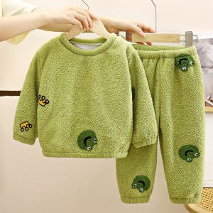 Childrens autumn and winter warm fleece and thick pajamas set - Brown, 7-8 Years