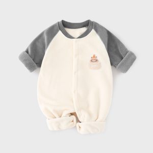 Baby autumn and winter base with fleece warm onesie mens and womens baby pajamas - Brown, 1-2 Years