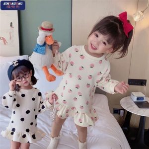 Girls spring and autumn new long-sleeved one-piece polka dot pod skirt - Pink, 9-12 Months