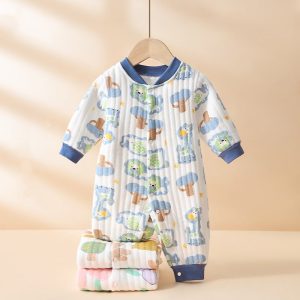 Newborn onesie autumn and winter cotton warm climbing clothes for boys and girls babies out long-sleeved clothes - Blue, 1-2 Years