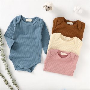 Ribbed Cotton Long Sleeve Baby Romper - Pink, 0-3 Months