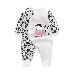 Newborn Jumpsuit Long-Sleeved Slanted Open Button Love Cows Baby Rompers - Light Pink, 9-12 Months