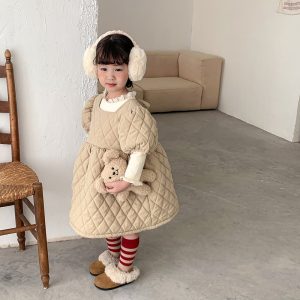Autumn and winter baby girls thickened with cotton plaid pongee skirt solid color dress - Beige, 3-4 Years