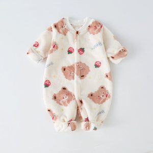 Autumn Plush Thicken Baby Home Suit Jumpsuit Cartoon Bear Dinosaur Boy Girl Infant Climbing Romper Newborn Kids Sleepwear - Green, 1-2 Years