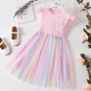 Beautiful Kid Girl Princess Fly Sleeve Heart Rainbow Mesh Fairy Dress - Pink, 7-8 Years