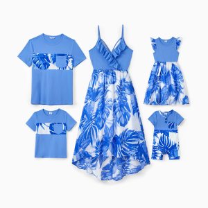 Family Matching Sets Blue Tropical Floral Panel Tee or Ruffle Neck Cross Back High-Low Strap Dress