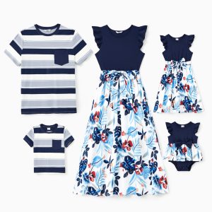 Family Matching Sets Cotton Stripe Short Sleeves Tee or Flutter Sleeves Spliced Floral Pattern Belted Dress