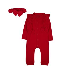 Red Baby Onesie With Ruffles And Bow