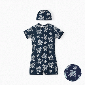 Kid Boy/Girl 2pcs Marine Animal Print Swimsuit with Swimming Cap