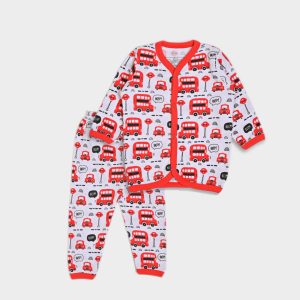 Baby Pajama Set - Red Bus Theme - Red / Newbron