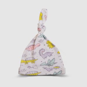 Dinosaur Print Knotted Baby Hat - White / Newborn
