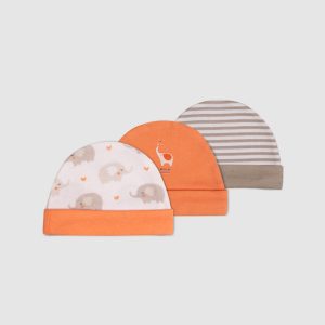Elephant Print Baby Hat Set   Pack of 3 - Orange / Newborn