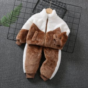 2pcs Toddler Boy Trendy Colorblock Fleece Jacket and Pants Set - Flash Delivery - Brown/White / 18-24 Months