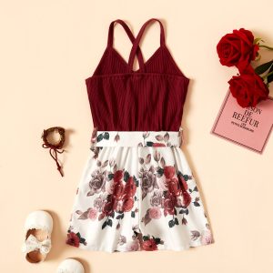 Baby / Toddler Girl Bowknot Floral Jumpsuit - Burgundy / 5-6 Years