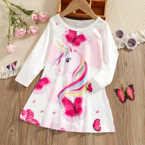 Toddler Girl Animal Unicorn Butterfly Print Long-sleeve Dress - White / 5-6 Years