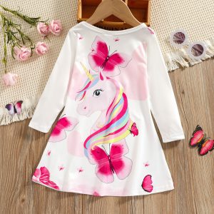 Toddler Girl Animal Unicorn Butterfly Print Long-sleeve Dress - White / 5-6 Years
