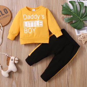 2pcs Baby Letter Print Long-sleeve Cotton Pullover and Pants Set - Yellow / 12-18 Months