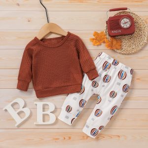 2pcs Rainbow Print Waffle Long-sleeve Ginger Baby Set - Ginger / 6-9 Months