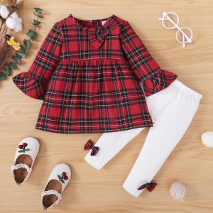 2pcs Baby Girl 100% Cotton Red Plaid Long-sleeve Top and Bowknot Trousers Set - Red / 6-9 Months