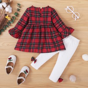 2pcs Baby Girl 100% Cotton Red Plaid Long-sleeve Top and Bowknot Trousers Set - Red / 6-9 Months