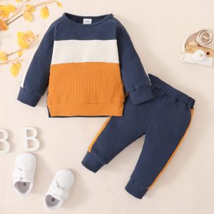 2pcs Baby BoyGirl Color Block Waffle Long-sleeve Sweatshirt and Track Pants Set - 12-18 Months / Darkred
