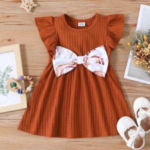 Baby Girl Ribbed Brown/White Rainbow and Star Print Ruffled Flutter Sleeve Bowknot Dress - Color block / 3-6 Months
