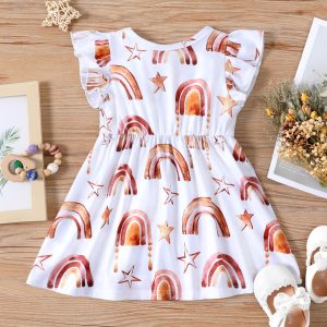 Baby Girl Ribbed Brown/White Rainbow and Star Print Ruffled Flutter Sleeve Bowknot Dress - Color block / 3-6 Months