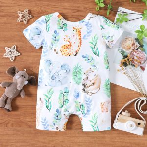 Baby Boy/Girl All Over Cartoon Animal Print Short-sleeve Romper - Multi Color / 3-6 Months