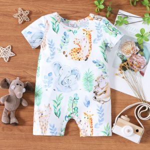 Baby Boy/Girl All Over Cartoon Animal Print Short-sleeve Romper - Multi Color / 3-6 Months