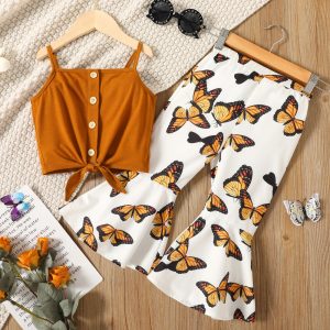 2-piece Toddler Girl Button Design Tie Knot Camisole Tank and Butterfly Print Flared Pants Set - Brown / 4-5 Years