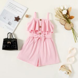 Toddler Girl Button Design Flounce Belted Solid Color Cami Romper - Pink / 3-4 Years