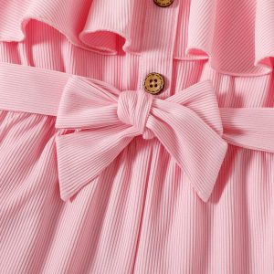 Toddler Girl Button Design Flounce Belted Solid Color Cami Romper - Pink / 3-4 Years