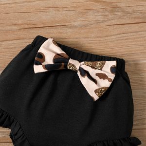 3pcs Baby Girl Leopard Sleeveless Top and Bowknot Shorts with Headband Set - Black / 12-18 Months
