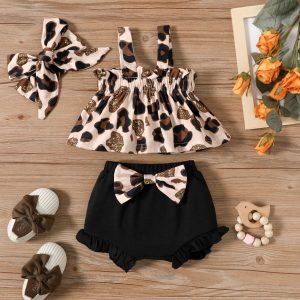 3pcs Baby Girl Leopard Sleeveless Top and Bowknot Shorts with Headband Set - Black / 12-18 Months