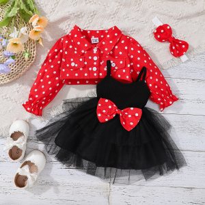3pcs Baby Girl 100% Cotton Long-sleeve Polka Dots Crop Jacket and Rib Knit Spliced Mesh Cami Fairy Dress with Headband Set - Pink / 3-6 Months
