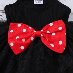 3pcs Baby Girl 100% Cotton Long-sleeve Polka Dots Crop Jacket and Rib Knit Spliced Mesh Cami Fairy Dress with Headband Set - Pink / 3-6 Months