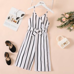 Kid Girl Stripe Surplice Neck Belted Cami Jumpsuits - Black / 4-5 Years
