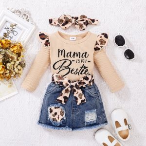 3pcs Baby Girl 100% Cotton Leopard Print Belted Ripped Denim Skirt and Letter Print Rib Knit Long-sleeve Romper with Headband Set - Apricot/brown / 6-9 Months