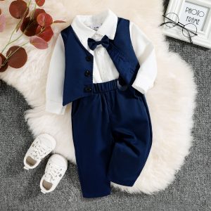 3pcs Baby Boy Party Outfits Gentleman Bow Tie Long-sleeve Shirt and Solid Waistcoat with Suspender Pants Set - Blue / 12-18 Months