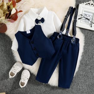 3pcs Baby Boy Party Outfits Gentleman Bow Tie Long-sleeve Shirt and Solid Waistcoat with Suspender Pants Set - Blue / 6-9 Months