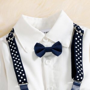 3pcs Baby Boy Party Outfits Gentleman Bow Tie Long-sleeve Shirt and Solid Waistcoat with Suspender Pants Set - Blue / 12-18 Months