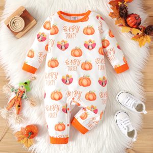 Thanksgiving Day Baby Boy/Girl Allover Pumpkin & Letter Print Long-sleeve Jumpsuit - Orange / 3-6 Months