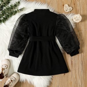 Toddler Girl Mock Neck Mesh Design Puff-sleeve Belted Black Dress - Black / 3 Years