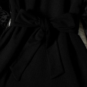 Toddler Girl Mock Neck Mesh Design Puff-sleeve Belted Black Dress - Black / 5-6 Years