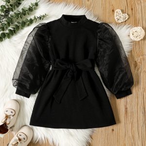 Toddler Girl Mock Neck Mesh Design Puff-sleeve Belted Black Dress - Black / 3 Years