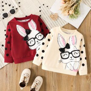 Toddler Girl Cute Rabbit Print Polka dots Pullover Sweatshirt - Burgundy / 3 Years