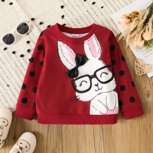 Toddler Girl Cute Rabbit Print Polka dots Pullover Sweatshirt - Burgundy / 3 Years