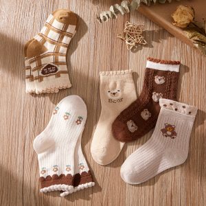 5-pairs Baby / Toddler Cartoon Bear Pattern Crew Socks Set - Brown / 12-18 Months