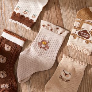 5-pairs Baby / Toddler Cartoon Bear Pattern Crew Socks Set - Brown / 12-18 Months