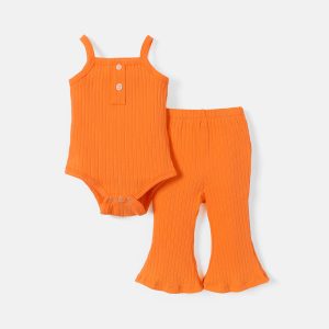 2pcs Baby Girl Solid Cotton Ribbed Cami Romper and Flared Pants Set - Pink / 9-12 Months